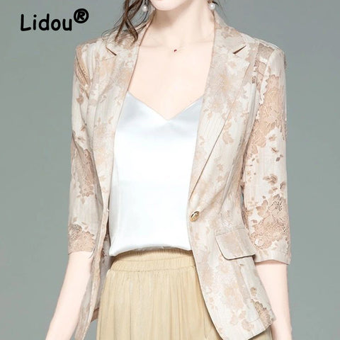 Summer Hollow Out Lace Solid Color Blazer 2023 Korean Style Suit Long Sleeve Single-breasted Casual Blazer for Female
