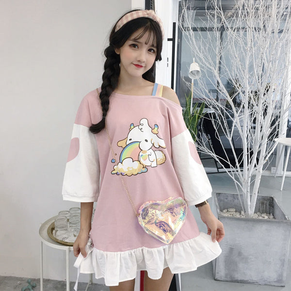 Summer Japanese Female's Fresh Cute Fashion Dresses Lolita Anime Heart Printing Kawaii Women Dress Off Shoulder Rainbow Dress