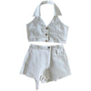 Summer Korean Sexy Short Set Women Casual Two Pieces Suit Backless V-neck Hanging Neck Vest + Irregular Shorts