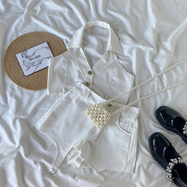 Summer Korean Sexy Short Set Women Casual Two Pieces Suit Backless V-neck Hanging Neck Vest + Irregular Shorts