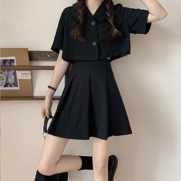 Summer Korean Version Temperament Suit Short Jacket Loose Small High School Waist Pleated Skirt Preppy Style Two-piece Set