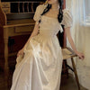 Summer Korean Women White Elegant Dress Print High Waist Chic Sweet Slim Short Sleeve Casual Vintage Floral Long Dress