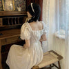 Summer Korean Women White Elegant Dress Print High Waist Chic Sweet Slim Short Sleeve Casual Vintage Floral Long Dress