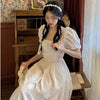 Summer Korean Women White Elegant Dress Print High Waist Chic Sweet Slim Short Sleeve Casual Vintage Floral Long Dress