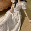 Summer Korean Women White Elegant Dress Print High Waist Chic Sweet Slim Short Sleeve Casual Vintage Floral Long Dress