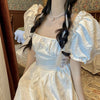 Summer Korean Women White Elegant Dress Print High Waist Chic Sweet Slim Short Sleeve Casual Vintage Floral Long Dress