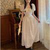 Summer Korean Women White Elegant Dress Print High Waist Chic Sweet Slim Short Sleeve Casual Vintage Floral Long Dress