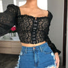 Summer Lace Crop Top Womens Tops and Blouses Elegant Flare Sleeve Vintage OL Shirt Long Sleeve Tee Office Lady Tee Streetwear
