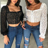 Summer Lace Crop Top Womens Tops and Blouses Elegant Flare Sleeve Vintage OL Shirt Long Sleeve Tee Office Lady Tee Streetwear
