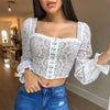 Summer Lace Crop Top Womens Tops and Blouses Elegant Flare Sleeve Vintage OL Shirt Long Sleeve Tee Office Lady Tee Streetwear