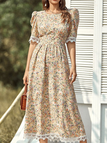 Summer Lace Floral Dress Women Elegant Vintage Party  Midi Dress Female High Waist Designer Retro Boho Print Dresses 2023 Summer