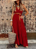 Summer Lace Patchwork Dress Women V Neck Vintage Long Dress Sleeveless Boho Party Maxi Dress Female Casual Belted Beach Dress