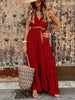 Summer Lace Patchwork Dress Women V Neck Vintage Long Dress Sleeveless Boho Party Maxi Dress Female Casual Belted Beach Dress