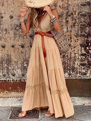 Summer Lace Patchwork Dress Women V Neck Vintage Long Dress Sleeveless Boho Party Maxi Dress Female Casual Belted Beach Dress