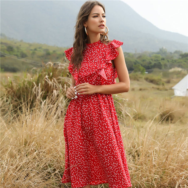 Summer Ladies Elegant Dot Print Chic Dress Women 2023 Casual Butterfly Sleeve Ruffles Medium Long Chiffon Dress