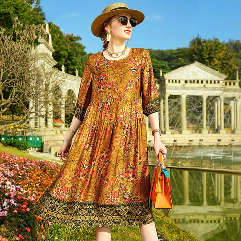 Summer Loose Print Mulberry Silk Midi Dress 2022 Spring Casual Boho 4XL Plus Size Beach Sundress Women Elegant Bodycon Vestidos