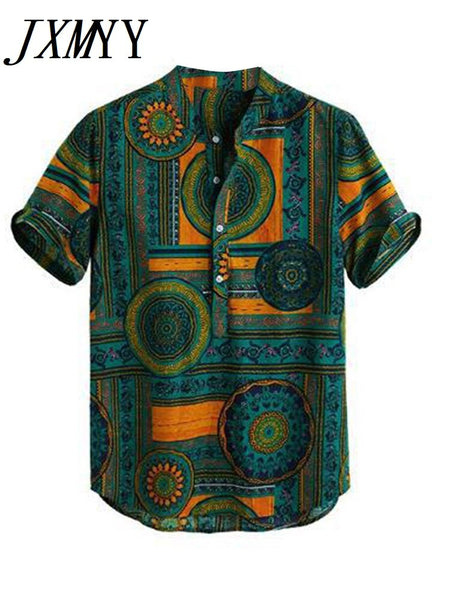 Summer Loose Shirt Men Color Ethnic Geometry Print Short Sleeve Pullover Casual Shirt Male Social Business Button Down Shirt Top