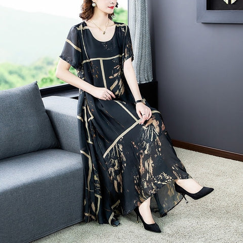 Summer Loose Vintage Black Chiffon Maxi Dress 2022 Elegant Female 4XL Plus Size Print Midi Sundress Party Bodycon Runway Vestido