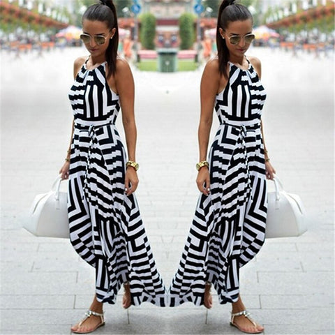 Summer Maxi Long Dress Women Sexy Boho Striped Sleeveless Beach Style Strap Sundress Vestidos For Female Black White