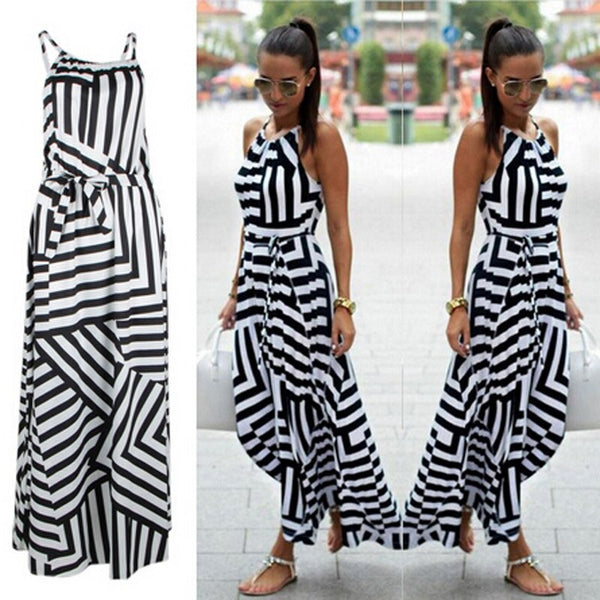 Summer Maxi Long Dress   Women Sexy Boho Striped Sleeveless Beach Style Strap Sundress Vestidos For Female Bigsweety