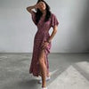 Summer Midi Dresses Women Long Print Floral Dress V Neck Split Tunic Dress Casual Short Sleeve Beach A-line Sundress