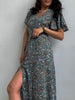 Summer Midi Dresses Women Long Print Floral Dress V Neck Split Tunic Dress Casual Short Sleeve Beach A-line Sundress