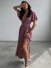 Summer Midi Dresses Women Long Print Floral Dress V Neck Split Tunic Dress Casual Short Sleeve Beach A-line Sundress
