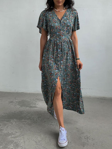 Summer Midi Dresses Women Long Print Floral Dress V Neck Split Tunic Dress Casual Short Sleeve Beach A-line Sundress