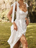 Summer Midi Floral Dress Women Sexy Backless Slip Dress V Neck Lace-up Split Dress Sleeveless White Print Woman Dress