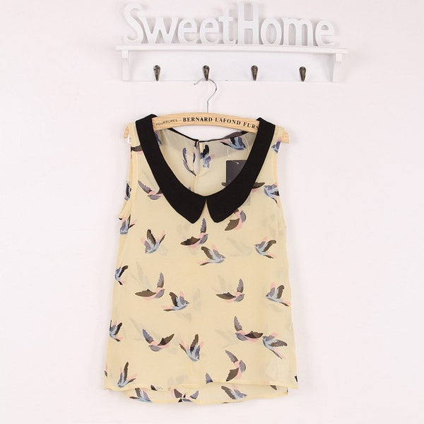 Summer New 2022 Women Flying Birds Print Tops Sleeveless Shirt Tanktop Doll Collar Sexy Vest Female WCS8532