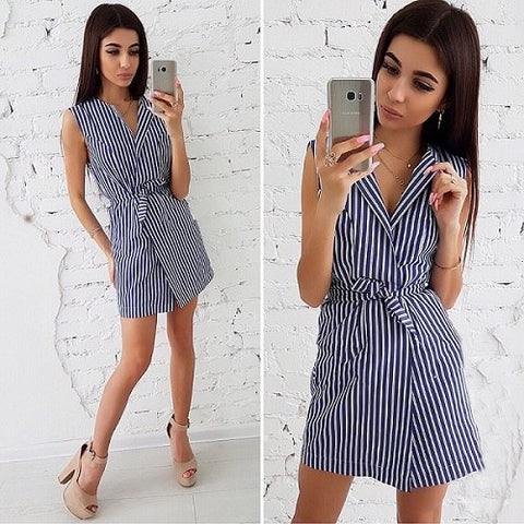 Summer New 2022 Women Striped Sashes Slim Sheath Dress Casual V-neck Sleeveless Mini A-Line Dresses Office Lady Female Vestidos