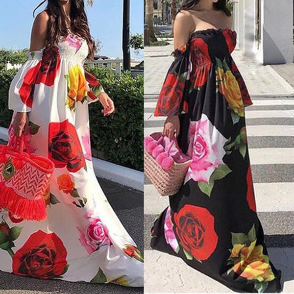 Summer 2023 Shirring Strapless Plus Size Ruched Ladies Dress Sexy Beach Party Half Sleeve Loose Flower Print Women Dresses