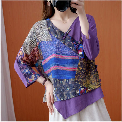 Summer Arts Style Women Half Sleeve Loose V-neck Button Blouse Patchwork Vintage Print Patchwork Shirts Femme Tops V226
