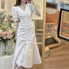Summer  Design Sense V-neck Pleated Temperament Midi Dress High Waist Slimming Slit Fishtail Dress for Women