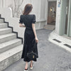 Summer  Design Sense V-neck Pleated Temperament Midi Dress High Waist Slimming Slit Fishtail Dress for Women