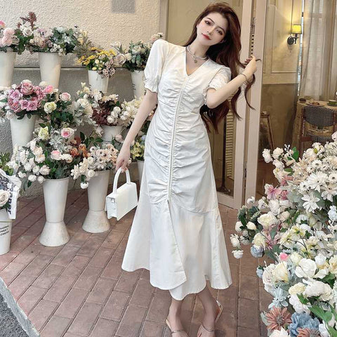 Summer  Design Sense V-neck Pleated Temperament Midi Dress High Waist Slimming Slit Fishtail Dress for Women