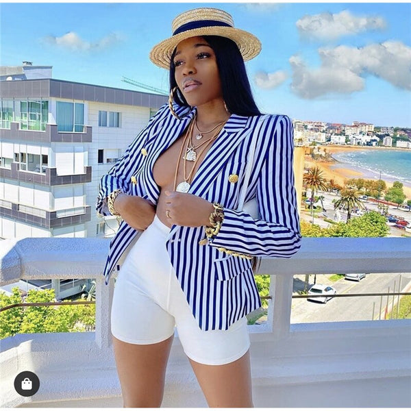 Summer  Long Sleeves Classic Stripe Fitted Suit Double Breasted Metal Lion Head Buckle Blazer