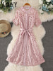 Summer Hollow Women's Stand-Up Collar Short-Sleeved Lace Dress Short-Sleeved Single-Breasted Waist-Length Dress