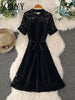 Summer Hollow Women's Stand-Up Collar Short-Sleeved Lace Dress Short-Sleeved Single-Breasted Waist-Length Dress