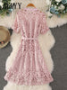 Summer Hollow Women's Stand-Up Collar Short-Sleeved Lace Dress Short-Sleeved Single-Breasted Waist-Length Dress