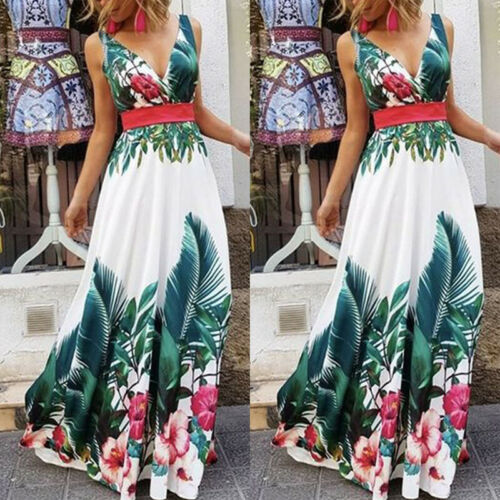 Summer  Lady Floral Boho Beach V Neck Print Dress Evening Party Sundress Long Dresses