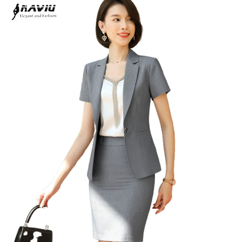 Summer Professional Suit Women Short Sleeve Interview Slim Blazer and Skirt Office Ladies Work Wear
