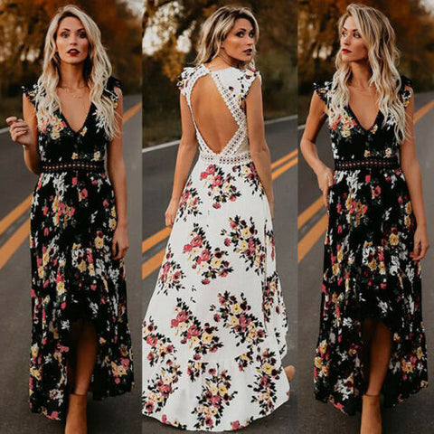 Summer Women Elegant Vintage Boho Long Maxi Dress Sexy Backless Party Beach Dress Floral Sundress