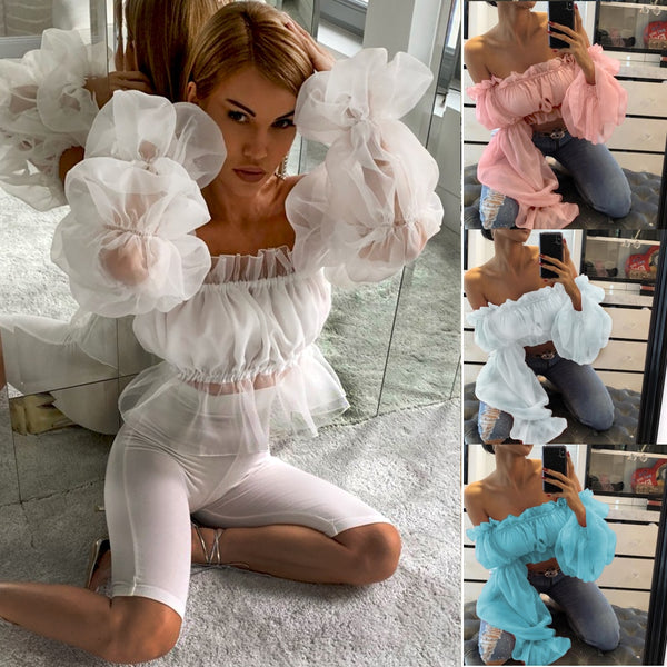 Summer Women Sexy Off Shoulder Ruffles Organza Blouses Long Puff Sleeve Mesh Sheer Crop Tops Shirt Short Blouse