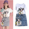 Summer Women's Clothing Set Cartoon Sequins Bows Appliques Twinset Set White Tees Tops And Denim Skirt Suits NS638