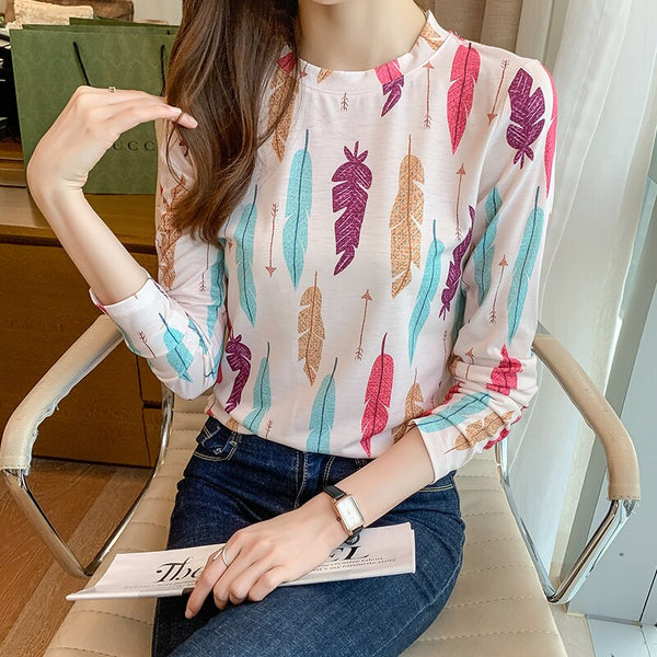 Summer Women's T-shirt Printing Female Clothes Cotton Casual Tees O-Neck Long Sleeve Top