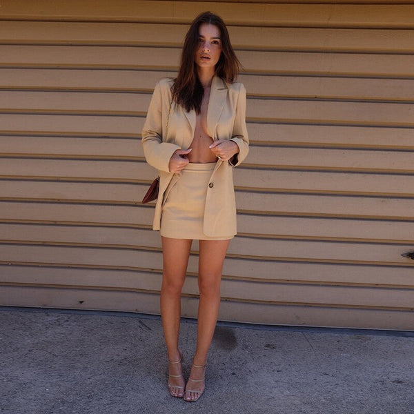 Summer Office Blazer Two Piece Set 2022 Women Solid Colors Casual Commute Blazer + High Waist Slip Dress Sweet Mini Skirt Suits