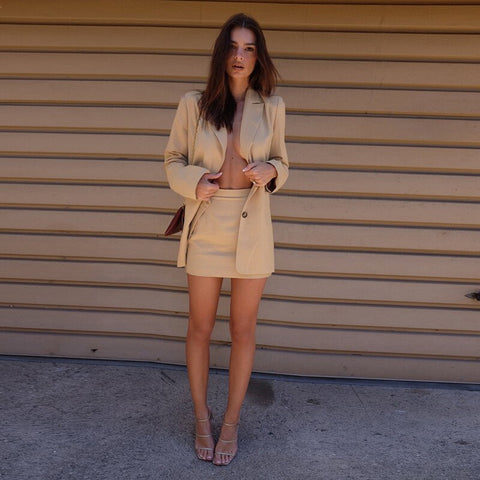 Summer Office Blazer Two Piece Set 2022 Women Solid Colors Casual Commute Blazer + High Waist Slip Dress Sweet Mini Skirt Suits