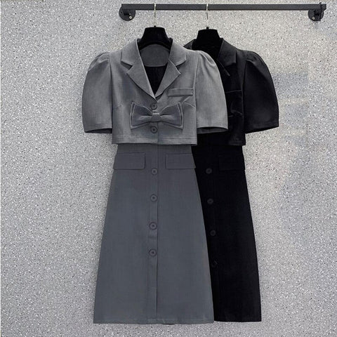 Summer Office Lady Blazer Suits Vintage Two Piece Set Women Short Sleeve Bow Short Blazer + High Waist Pencil Skirt Suits Outfit