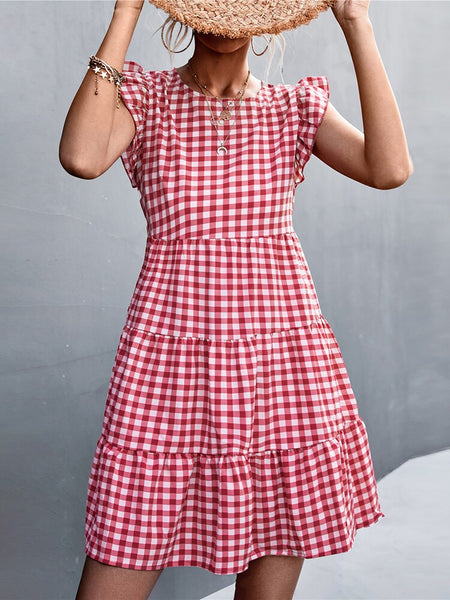 Summer Plaid Dress Women Sleeveless Checkered A-line Dress Casual Crew Neck Black Woman Dress Loose Holiday Beach Short Sundress